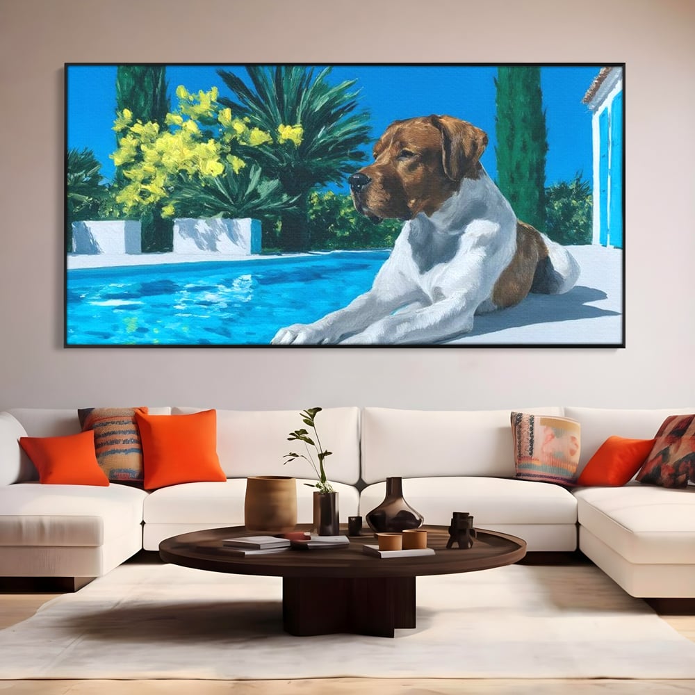 Tablou canvas cu tablou canvas cu caine la piscina, in rama de aluminiu negru, pe perete intr-un living